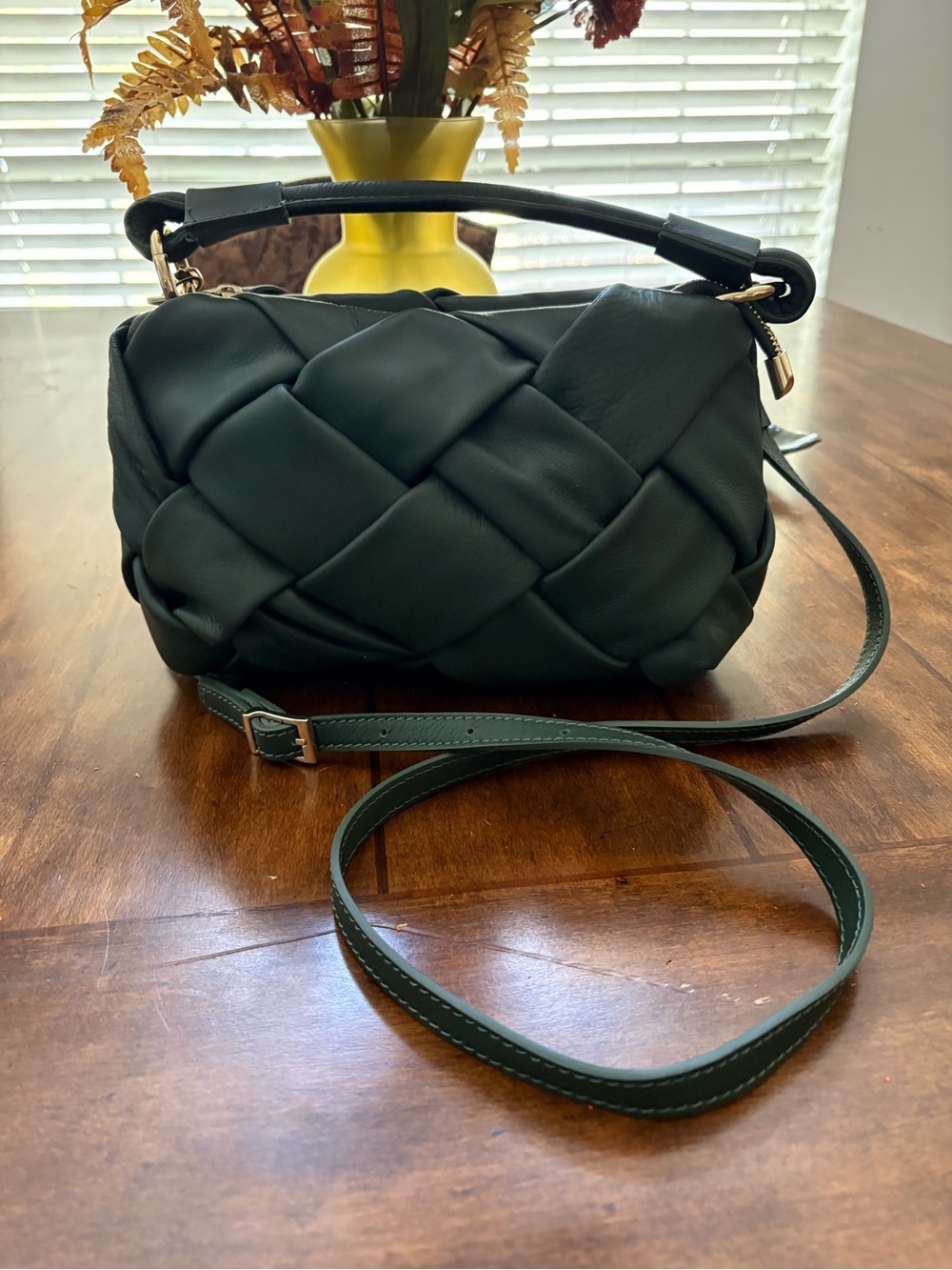 Woven Shoulder Bag in Dark Green with Top Handle